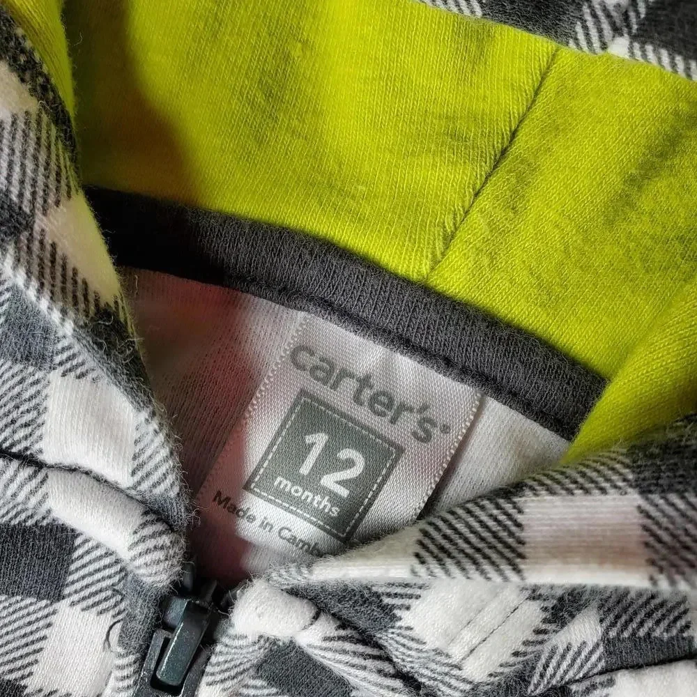 Carter's Gray and White Checkered Hooded Jacket Full Zip Baby Boy Size 12m EUC